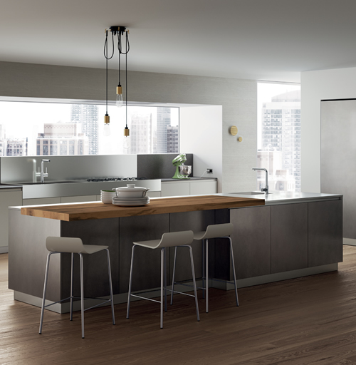 Cucina moderna colore nero con piano in legno - Modello Foodshelf Scavolini